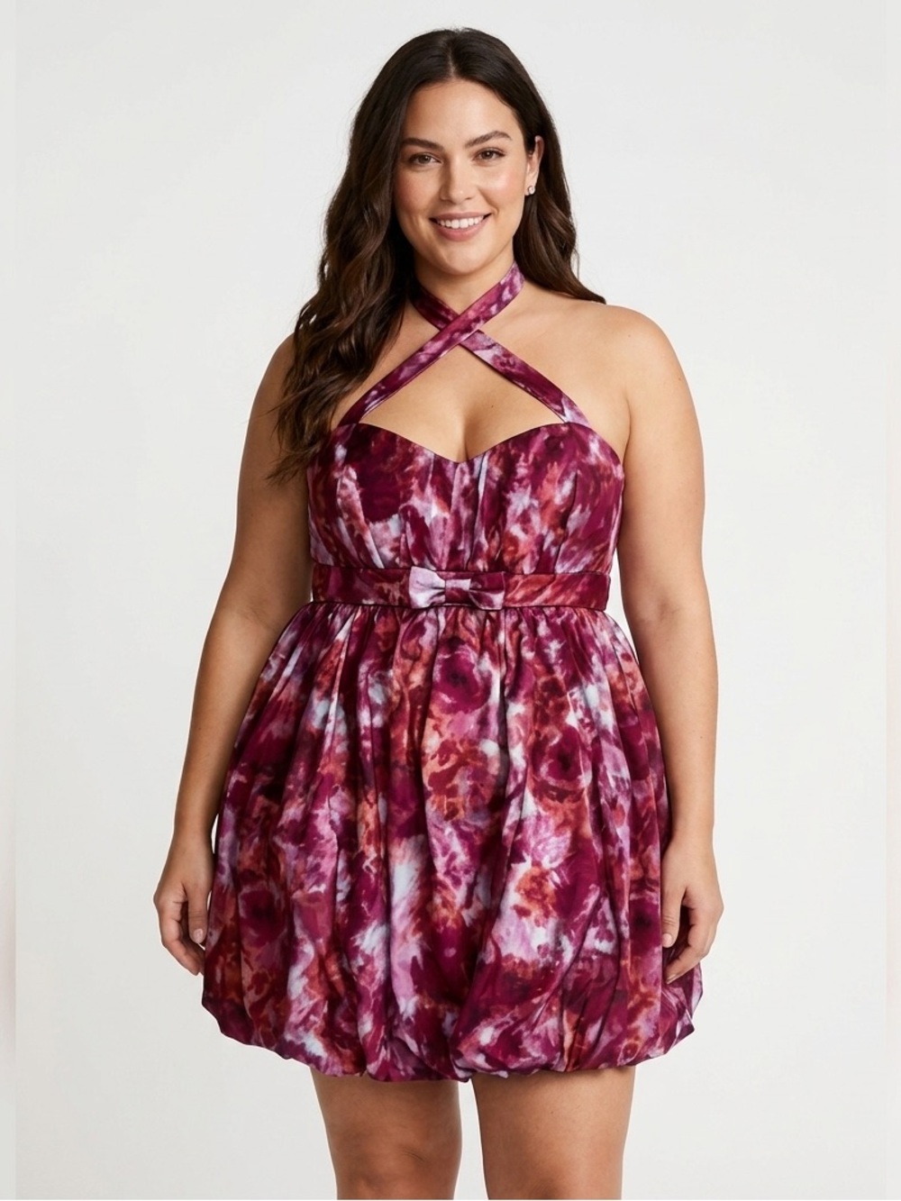 🌸TÓRRID Plus size  prom satin halter bubble hem mini bow dress size 22
